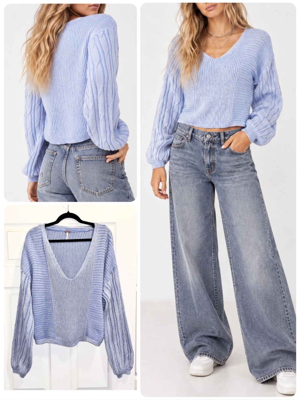 FREE PEOPLE When It Rains V Neck Sweater Blue Cable Knit Crop Cotton Size Large